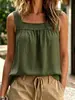 Top de algodón y lino beige con encaje, cuello cuadrado, sin mangas, plisado, suelto, para comercio exterior al por mayor, 2026