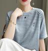 Playera de Manga Corta para Mujer 2025 Verano Nuevo Reductor de Edad Elegante Rayada Suelta Delgada Tejido de Punto Seda de Hielo Top Trendy
