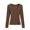 Camiseta Básica de Manga Larga con Cuello en U Ajustada a la Cintura Tendencia Otoño Nueva Sólida Simple Versátil Ajustada Camiseta Interior