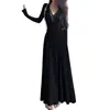 Vestido de Otoño con Encaje Patchwork Plisado Cuello en V Manga Larga para Mujer de Alta Gama con Sentido Formal Vestido de Gala Cintura Ceñida Dobladillo Ancho Falda Larga