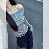 Conjunto estilo coreano camiseta gris a rayas de una sola manga larga para mujer principios de otoño chic elegante súper bonito top para clavícula