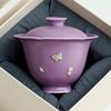 Mariposa y Morado Lila Flor de Pie Alto Boca de Flor Tazón Cubierto de Tres Talentos Taza de Té Individual Tazón de Té Cubierto de Alto Nivel Juego de Té Personal