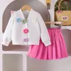Baoxin Amazon Otoño Nuevo Estilo Europeo y Americano Chaqueta Suéter de Punto Blanco con Flores Tridimensionales Falda Plisada Rosa Estilo Lindo
