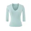Camiseta Básica Feminina Cor Sólida Manga Três Quartos Decote em V Profundo Estilo Desejo Puro Outono Novo Estilo Fashion Versátil Emagrecedor Valoriza a Figura Hot Girl Camada de Base