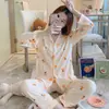 Pijama Feminino Primavera e Outono Novo Cardigã Calça de Manga Longa Desenho Animado Doce Roupa de Casa para Senhoras