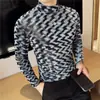 Camiseta de Manga Larga a Cuadros para Hombre de Verano, Capa Interior de Terciopelo de Moda para Hombre, Camiseta Básica Elástica Ajustada de Moda con Cuello Semi-Alto