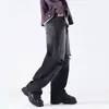 Pantalones de mezclilla negros y grises lavados y desgastados de estilo retro americano de alta gama, unisex, corte holgado, pierna recta, pantalones de pierna ancha fluidos