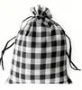 Bolsa de lino y poliéster con bolsillo a cuadros rojos y negros para Navidad, bolsa para guardar dulces y galletas, bolsa de regalo con cordón