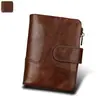 Cartera de hombre de cuero genuino con RFID y cepillo antirrobo, monedero informal con cremallera corta y costuras de moda.