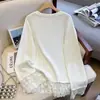 Camiseta Blanca de Manga Larga a la Moda con Encaje Empalmado para Mujer en Otoño e Invierno, Camiseta Interior de Moda para Gorditas