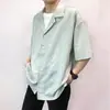 Camisa de Verano Delgada con Caída Cuello Cubano Manga Corta para Hombre Estilo Coreano Ligeramente Maduro Estilo Pícaro Atractivo Camisa Rayada Ropa para Hombre de Moda