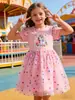 Vestido de Princesa de Malla con Estampado de Unicornio y Corazones de Colores para Niñas, Nuevo Estilo de Verano, Vestido Dulce con Mangas de Mariposa Arcoíris para Niños