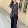 Chic Coreano Temperamento Verano 2026 Nuevo Estilo Versión Coreana Cuello Redondo Con Cordones Irregular Suéter Camisa Blusa para Mujer