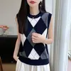 Nuevo suéter de punto 100% lana para mujer de principios de otoño e invierno, chaleco de punto de cuello redondo, sin mangas, bloques de color en forma de diamante, corte holgado, top sin mangas