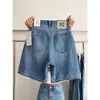 Shorts Jeans Rasgado para Mulheres, Estilo Verão Fino, Tamanho Plus Size, Adequado para Corpo em Formato de Pera, Cintura Alta, Caimento Solto, Emagrecedor, Perna Larga, Shorts na Altura do Joelho