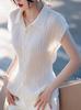 Estilo francês elegante super bonito lapela branca camisa de manga curta verão chique feminino super bonito elegante fino top