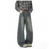 NASA SOBRE Jeans retro americanos lavados con dobladillo curvo para hombre, marca de moda para primavera y otoño, pantalones rectos de pierna ancha con costuras visibles