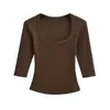 2566-Camiseta de Moda Cuadrada de Manga Media Estilo Europeo y Americano para Mujer 2025 Nuevo Top Básico Sexy Ajustado