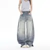 Jeans largo jovem cor laranja # Design de lavagem 'bigode de gato' para mulheres, solto e emagrecedor, calça de perna curva versátil e moderna