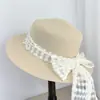 Sombrero de Paja de Encaje Estilo Francés con Copa Plana para Mujer, Protección Solar para Vacaciones de Verano en la Playa Sombrero de Ala Plana Estilo Británico