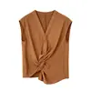 15/6 Novedad de Verano26 Estilo Old Money de Verano Camisa de Algodón Lino Cuello en V Nudo Retorcido Moda Top con Manga Corta Volante S9513