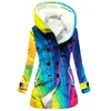Casaco Trench Coat Feminino 2023 Novo, Quente para o Inverno, Estilo Europeu e Americano, Patchwork Colorido, Com Capuz, Venda Quente Transfronteiriça, Atacado