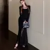 Vestido Largo de Malla Negra Patchwork Estilo Francés Transfronterizo para Mujer, Diseñado con Cintura Ceñida y Dobladillo de Sirena que se Ajusta a las Caderas