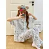 Pijama de Algodón Nube para Mujer, Verano Lindo Conejo de Dibujos Animados Manga Corta Pantalón Largo, Talla Grande Holgado Conjunto de Hogar de Verano