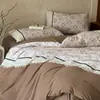 Juego de ropa de cama de cuatro piezas estilo francés vintage, grado A, de algodón puro cepillado, que incluye una sábana de algodón, un juego de tres piezas con una funda de edredón estampada floral y una sábana ajustable