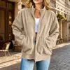 Cárdigan de pana estilo relajado transfronterizo con cuello alto, cierre de cremallera completo, bolsillos, hombros caídos y mangas largas - una chaqueta casual