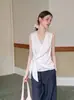 Camisa sin mangas de moda versátil estilo francés con cuello de corbata, cuello en V de verano, entallada en la cintura, chaleco blanco clásico elegante para ir al trabajo