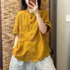 Cuello alto Diseño de bolsillo Verano Nuevo Versátil Manga corta Cárdigan Liso Adelgazante Algodón Lino Manga corta Camisa Top Ropa para mujer