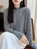 Suéter de punto de lana pura estilo coreano, medio alto, medio abierto, transfronterizo para mujer, jersey de ganchillo con manga, otoño e invierno