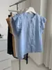 Exquisita camisa fina de ramio retro para mujer, estilo coreano suave, petite con cuello redondo, con mangas abullonadas pequeñas, camisa babydoll para verano