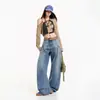 Jeans para mujer con corte curvo, lavados y desgastados, de largo hasta el suelo vintage, azul vintage, extralargos, con patrones de resorte vintage y un acabado desgastado