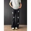Calça jeans branca da moda de luxo leve estilo americano com bordado cruzado para homens e mulheres, calça longa de corte reto slim fit levemente alargada da alta rua