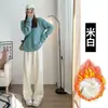Pantalones de maternidad para primavera y otoño, pantalones casuales para usar al aire libre, pantalones largos de pierna recta talla grande, para usar en otoño e invierno, forrados de polar, fluidos, de pierna ancha hasta el suelo