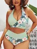 Traje de baño de dos piezas con estampado de retazos estilo europeo y americano nuevo para 2025, talla grande, con cuello halter para mujer, bikini push-up de cintura alta de secado rápido