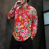Nova camisa casual de manga longa com estampa de flor grande do nordeste para homens estilo chinês gola alta neutra com botões camisa retrô moda