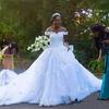 Novo vestido de noiva principal ombro a ombro da Amazon África transfronteiriço grande cauda pesada indústria casamento saia de pompom fora do fio atacado