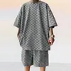 Camiseta de manga corta a cuadros jacquard para hombre, traje informal holgado de talla grande, estilo transfronterizo, 2024