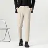Pantalones de traje de negocios para hombre, sin arrugas, corte slim, pantalones casuales rectos negros, ropa de oficina, con caída, largo crop, en stock
