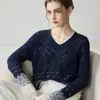 Suéter de cachemira para mujer con cuello en V y diseño de punto calado degradado, jersey de punto de manga larga para otoño e invierno, nuevo jersey ligero