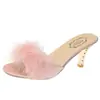 Sandalias peludas para mujer, zapatos sexys para mujer, 2021, primavera y verano, nuevos, de uso diario, de una tira, zapatillas de tacón alto para mujer, comercio exterior