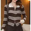 Cardigan de Tricô Color Block Listrado com Lapela Zíper Duplo Feminino Outono Novo Solto Emagrecedor Versátil Manga Longa