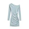 Vestido de Manga Larga Asimétrico en el Hombro, Ceñido a la Cintura, de Terciopelo Proteico para Mujer, Estilo Puro y Atractivo, Falda Sexy Bodycon, Vestido Corto Elástico Ajustado Estilo Hot Girl