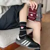 Calcetines lindos de encaje a rayas para mujer, calcetines hasta media pantorrilla, calcetines de algodón de moda, calcetines largos de otoño de estudiante de dibujos animados japoneses de primavera y otoño