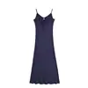 Vestido Cuadrado de Verano 2026, Estilo Francés, Moderno Azul Oscuro, Elegante, Ajustado, Tirantes Finos, Largo