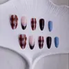 Uñas Portátiles Transfronterizas, Uñas Portátiles a Cuadros Azul Claro Transparente Café Más Vendidas, Manicura de Uñas Postizas de Forma Almendrada de Longitud Media con Degradado