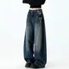 Jeans Azules Lavados de Pierna Ancha Estilo Retro Americano para Mujer, Pantalones Rectos Holgados Adelgazantes de Cintura Baja de Moda para Invierno